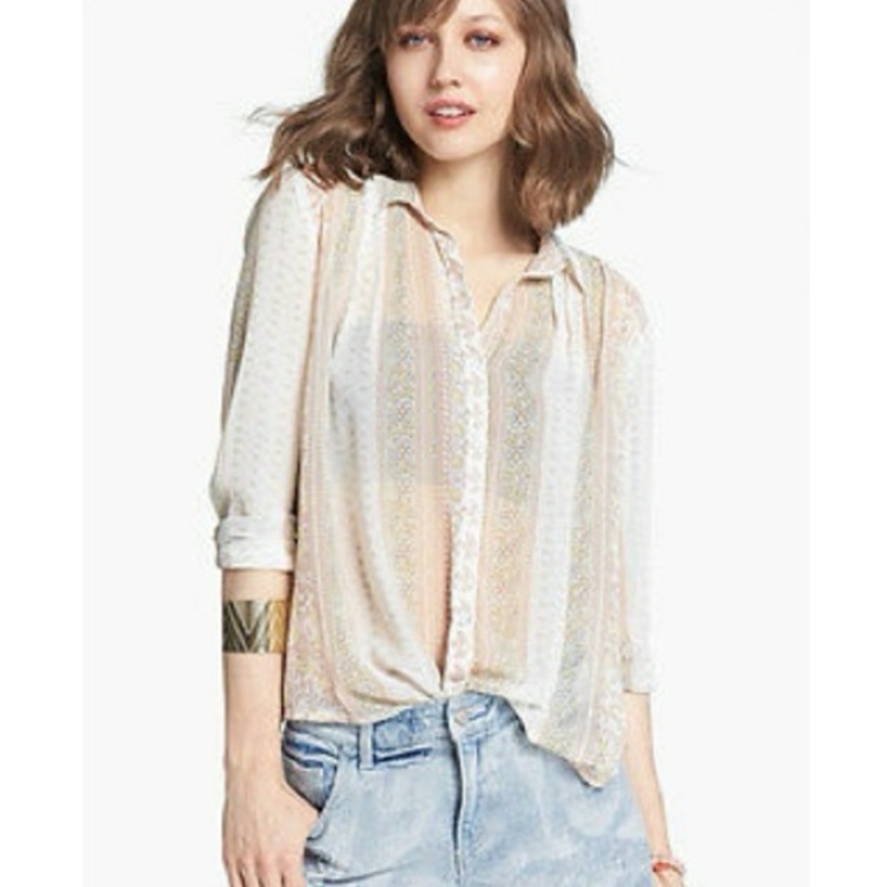 Free People Boho Cottagecore Floral Sheer Tie Back Flowy Button Up Blouse S